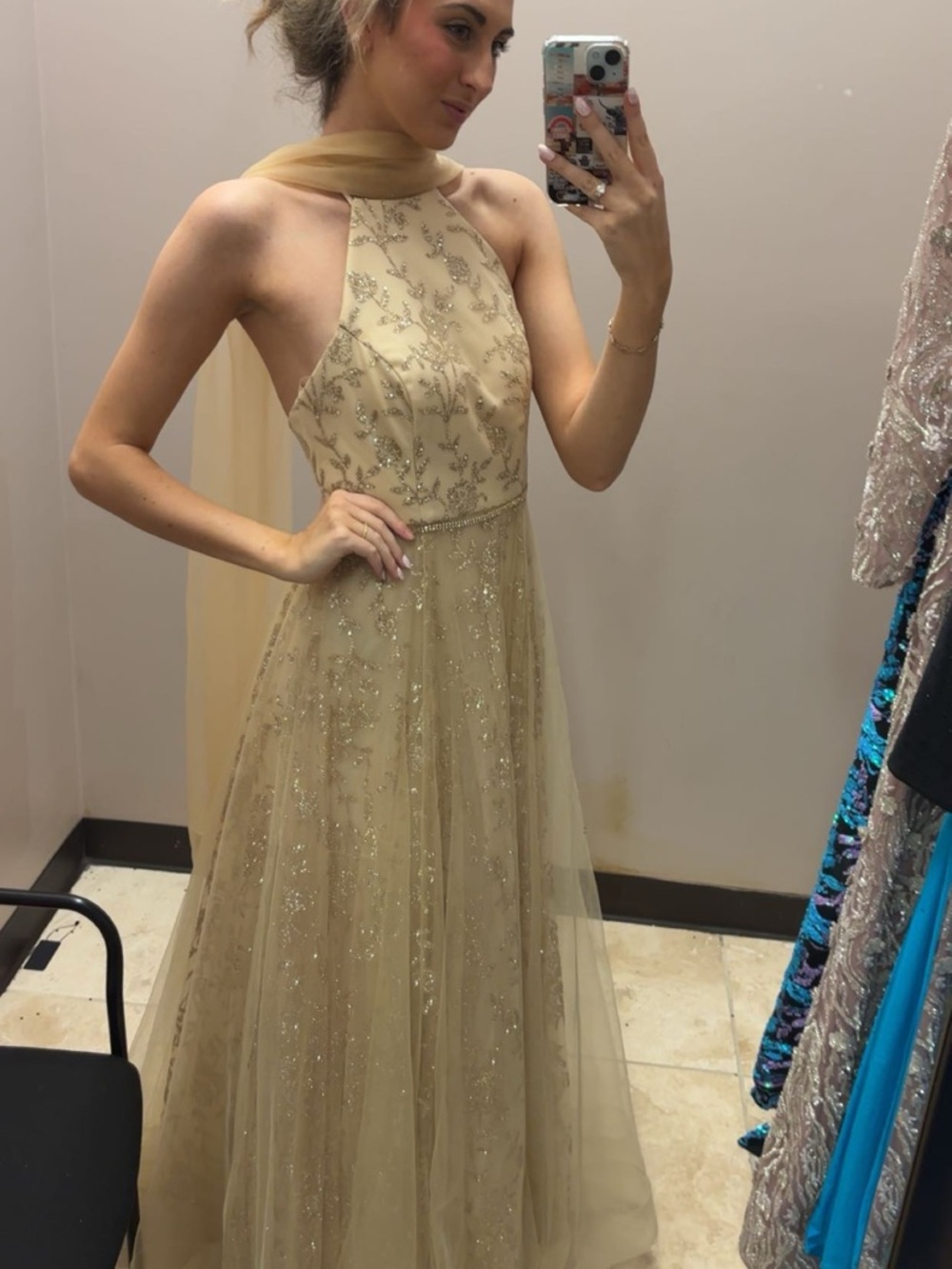 Halter High-Low Evening Dress in Champagne Gold